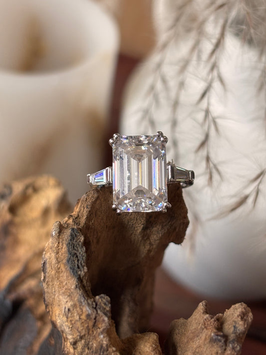 Moissanite BIG Emerald Solitaire with Baguette Side Stones Ring | Size 7