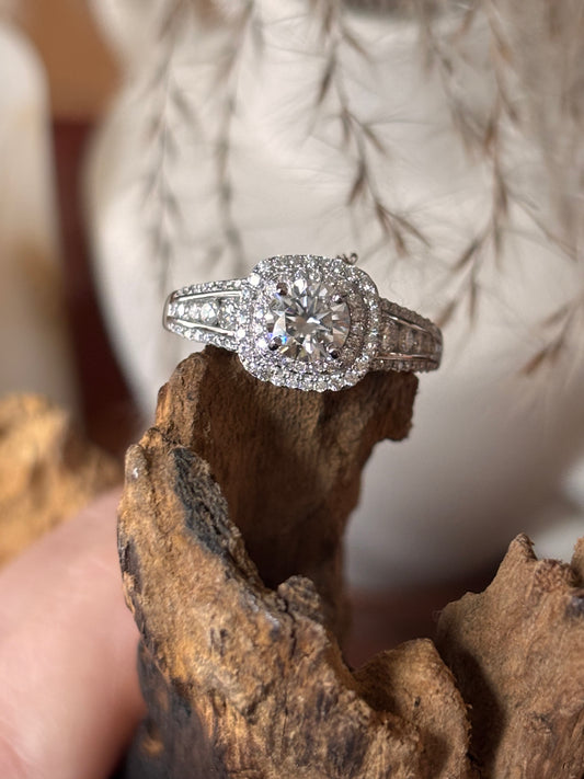 Moissanite Brilliant Center with Double Halo and Multi Side Stone Band Ring