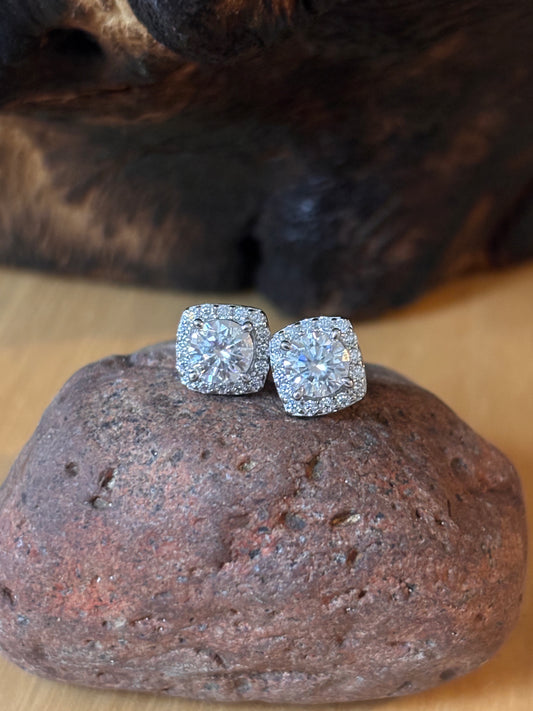 Moissanite Brilliant Center with Halo Earrings Push Back Studs