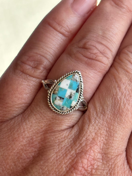 White Buffalo Turquoise Mosaic Ring | Size 8