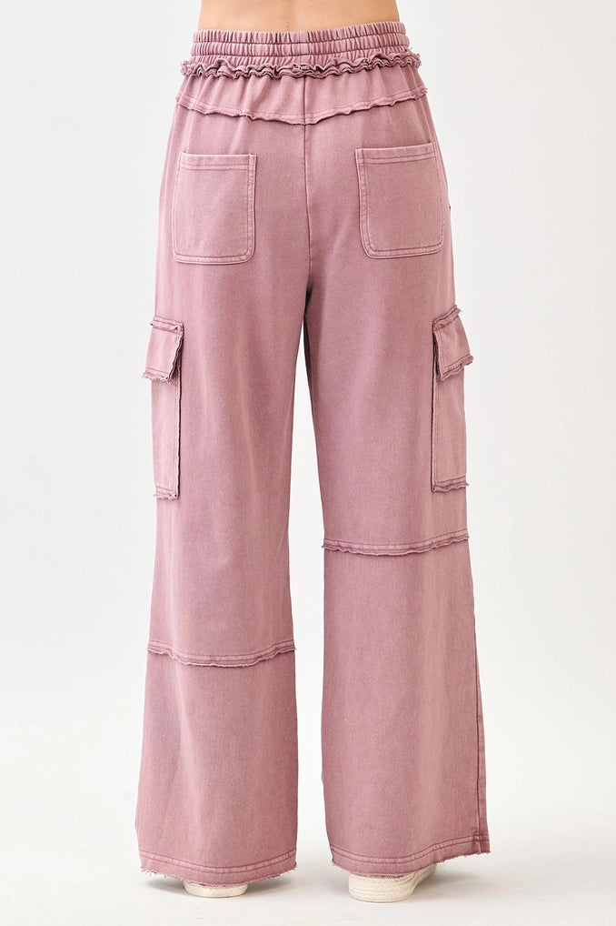 Faded Plum Mineral Wash Cargo Wide Leg Pants | Mittoshop