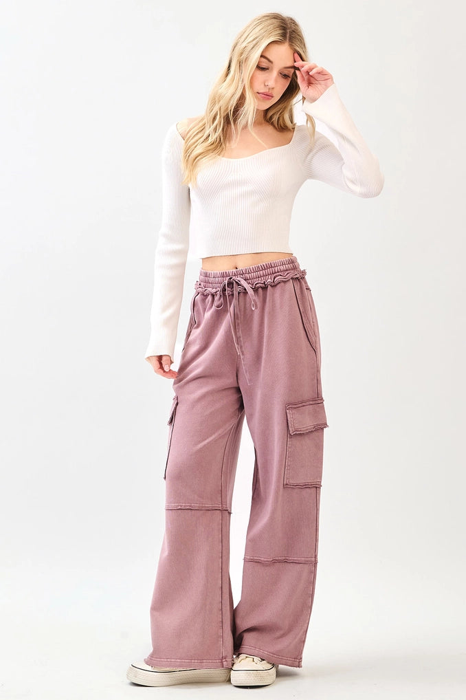 Faded Plum Mineral Wash Cargo Wide Leg Pants | Mittoshop