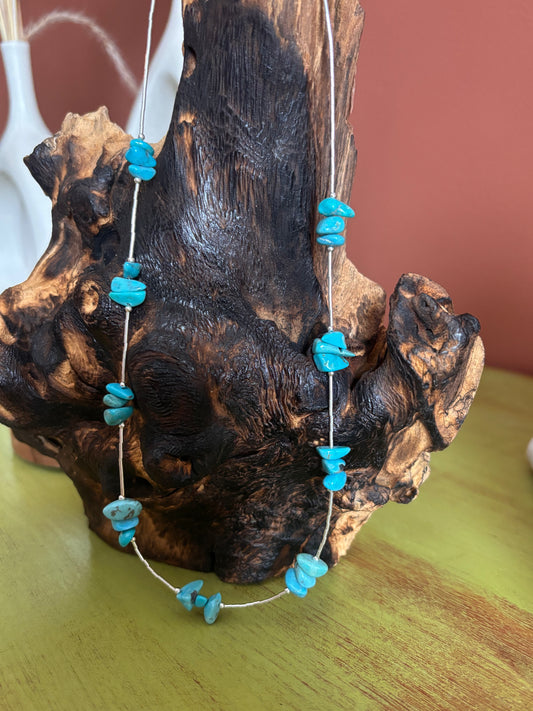 Kingman Turquoise Chip Necklace Liquid Silver 18”