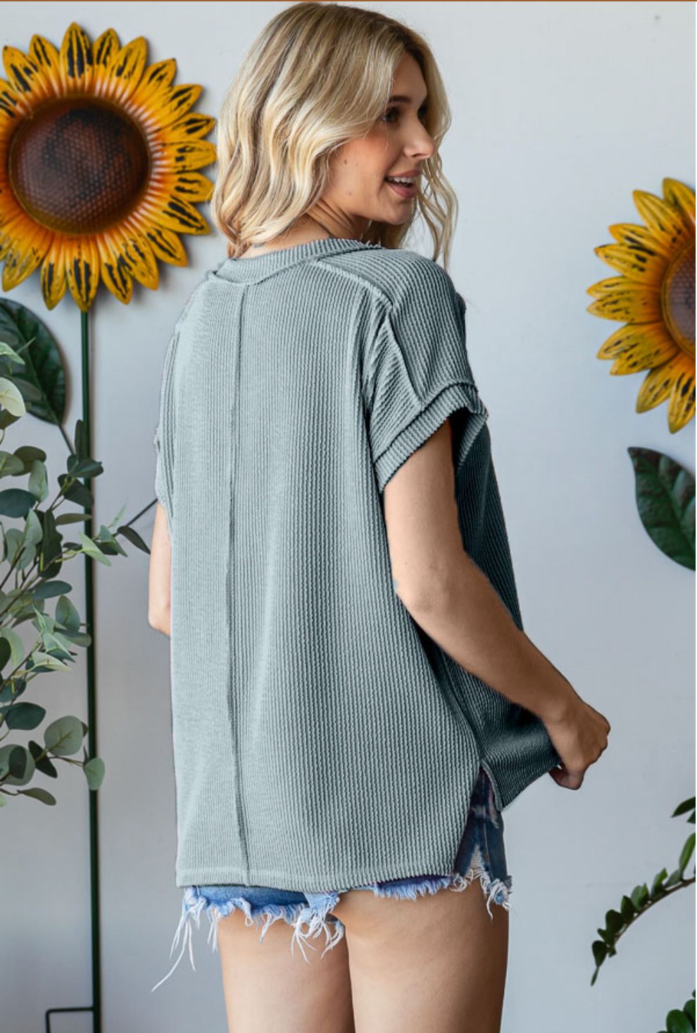 Ribbed V-Neck Drop Shoulder