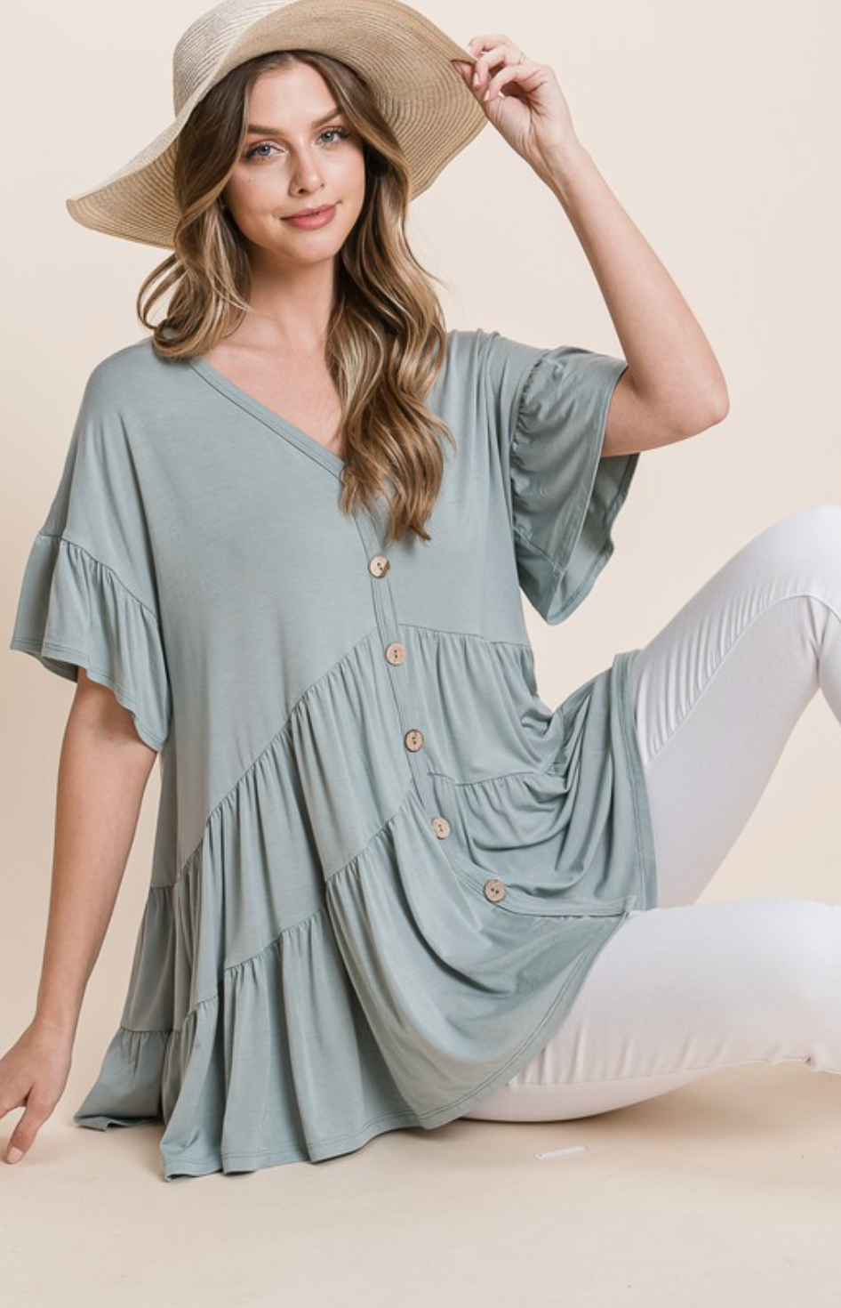 Button Up Ruffled Babydoll Tunic Top