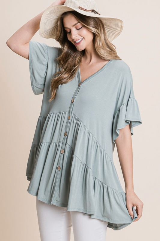 Button Up Ruffled Babydoll Tunic Top