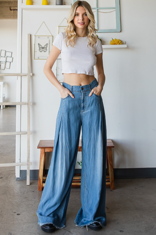 Pleat Detail Wide Leg Denim Pants