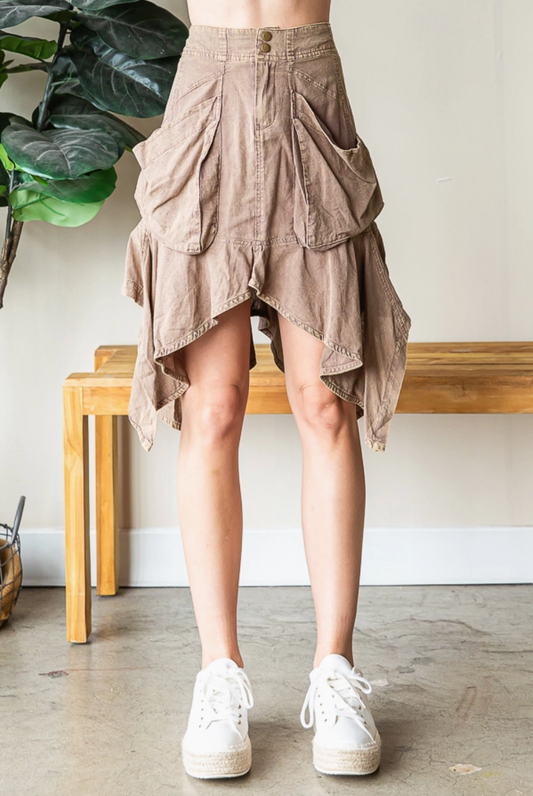 Washed Uneven Hem Cargo Skirt - Mocha