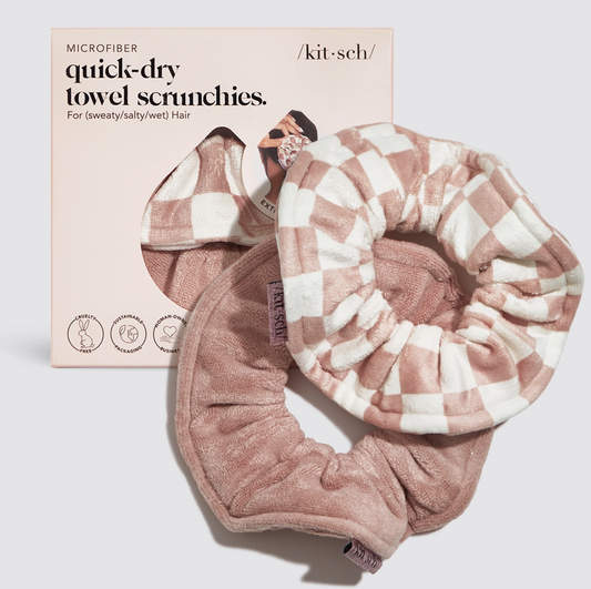 Microfiber Quick-Dry Towel Scrunchie 2PC- Terracotta Checker