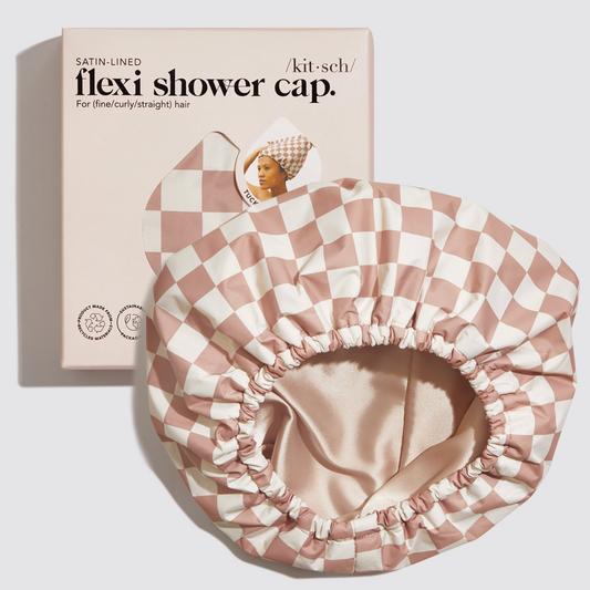 Satin Lined Flexi Shower Cap - Terracotta Checker