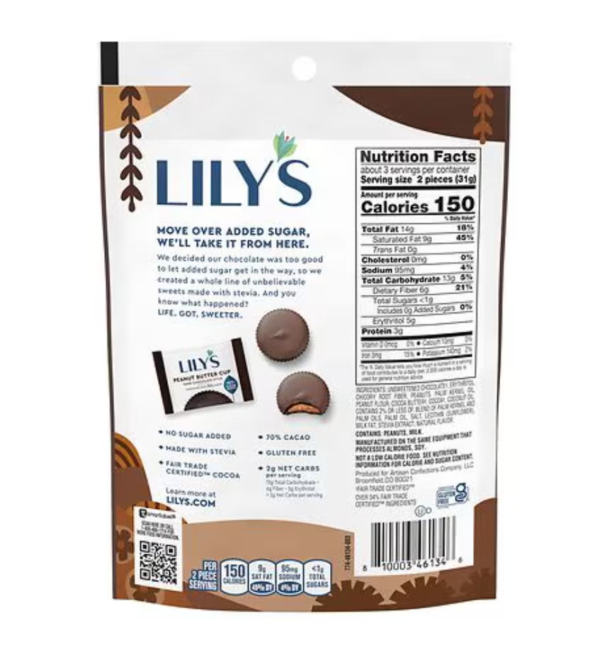 Lily's No Sugar Added Peanut Butter Cups, Sweets, Bag, Dark Chocolate, 3.2 oz