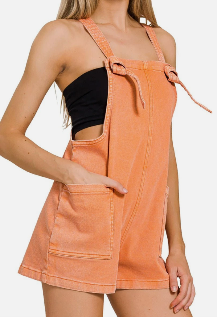 Washed Knot Strap Zenana Denim Romper