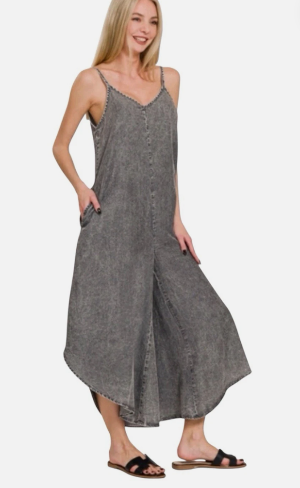 Zenana Acid-Washed Lyocell Wide Leg Lounge Jumpsuit