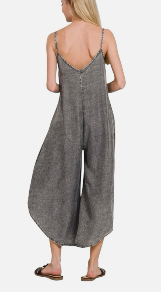 Zenana Acid-Washed Lyocell Wide Leg Lounge Jumpsuit