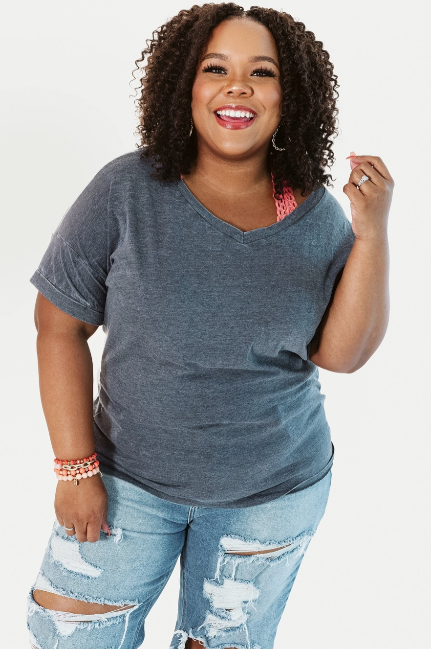 V-Neck Rolled Sleeve T-Shirt (Size 3XL - Peachy-Pink)