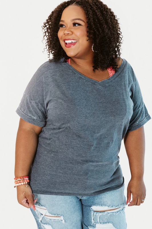 V-Neck Rolled Sleeve T-Shirt (Size 3XL - Peachy-Pink)