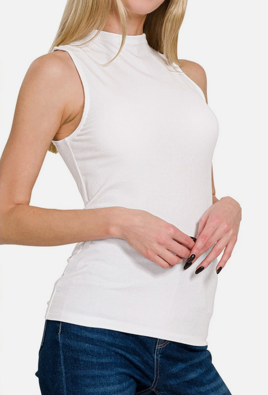 Ribbed Sleeveless Mock Neck Top Fitted Soft Rayon Layering Tank