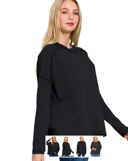 Full Size Exposed Seam Long Sleeve Corded Rib Knit Top (Plus)