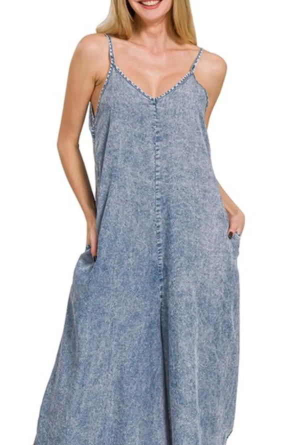 Zenana Acid-Washed Lyocell Wide Leg Lounge Jumpsuit
