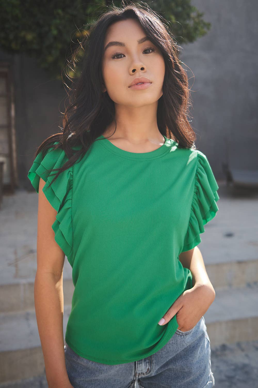 Double Ruffle Short Sleeve Knit Top