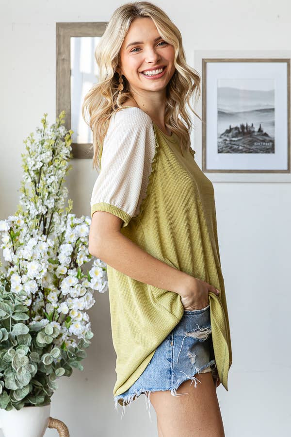 Ruffle Trim Lace Contrast Raglan Short Sleeve Top