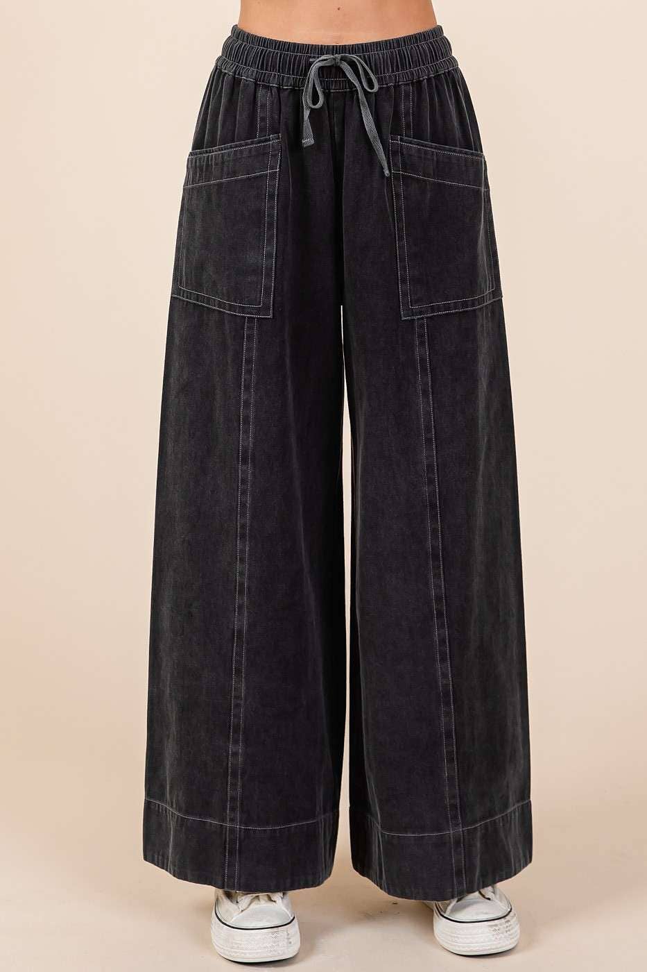 MINERAL WASH WIDE LEG ELASTIC WAIST TWILL PANTS