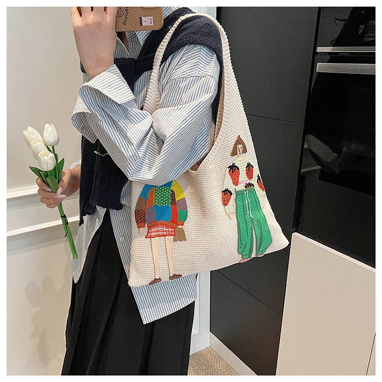 Cute Cartoon Color Block Knit Shoulder Bag