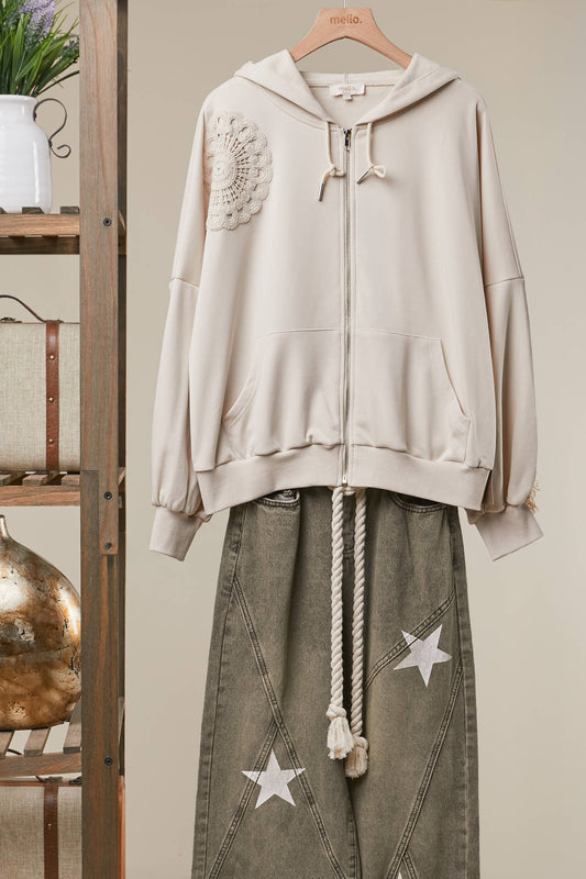 Chic Lace Trimmed Hoodie with Crochet Accents