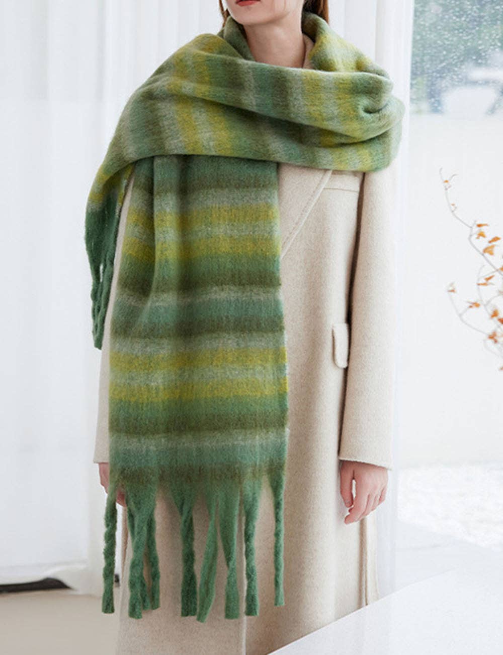 Elegant Striped Soft Thick Warm Tassel Scarf