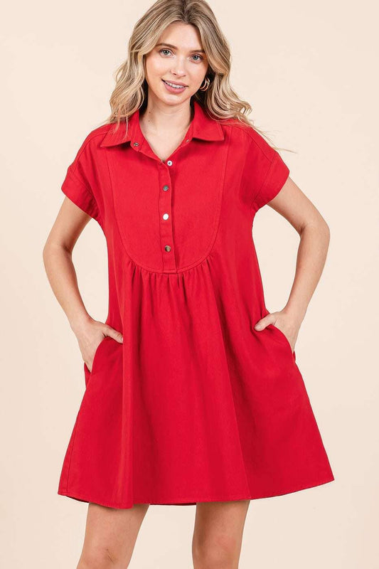 TWILL SHORT SLEEVE COLLARED MINI DRESS