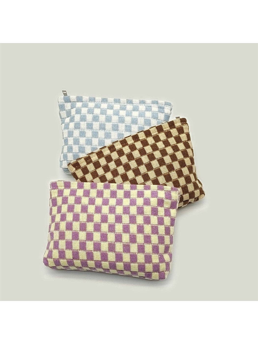Colorblock Checkered Knit Zip Pouch