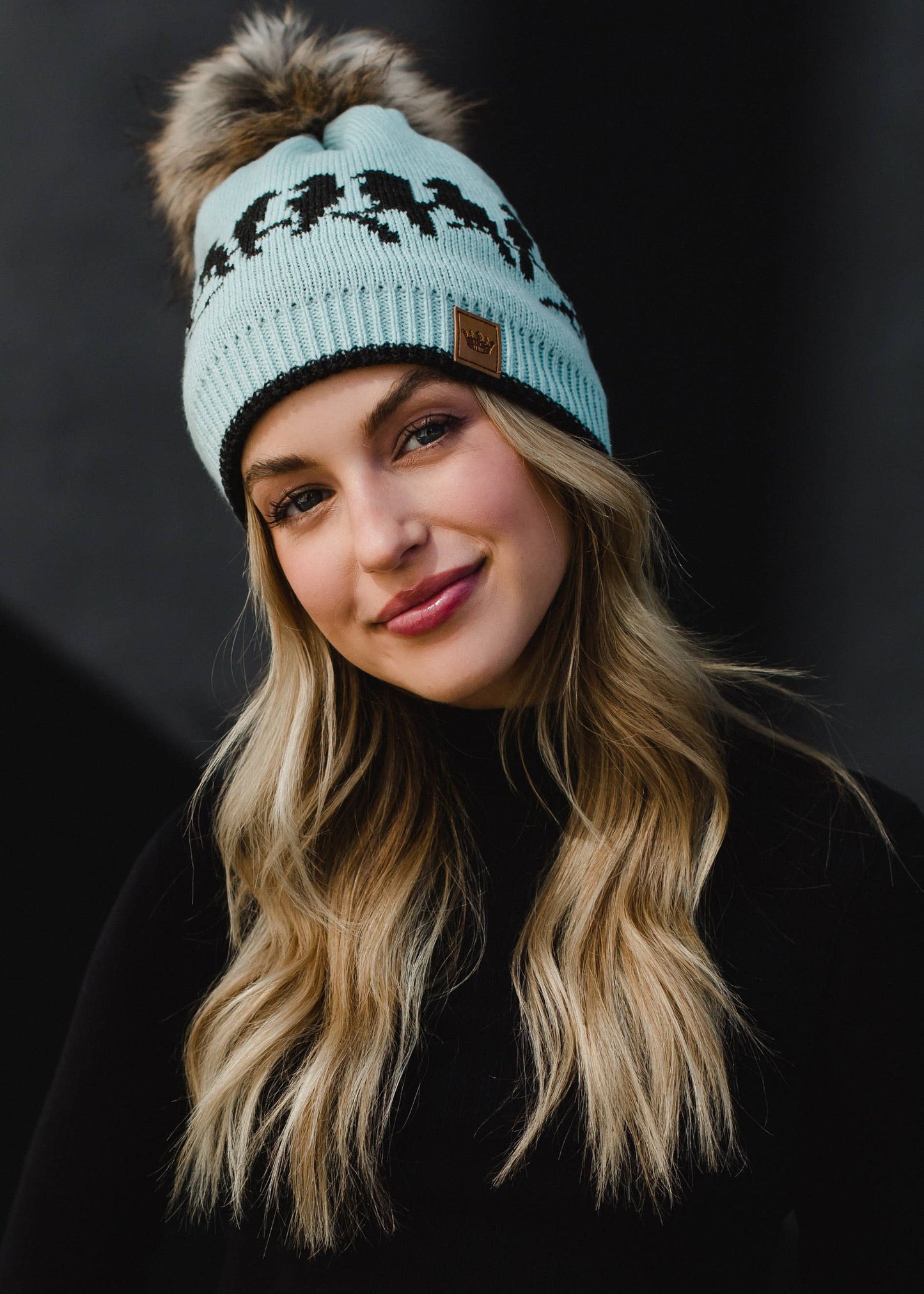 Lt. Blue & Charcoal Bird Pattern Pom Hat