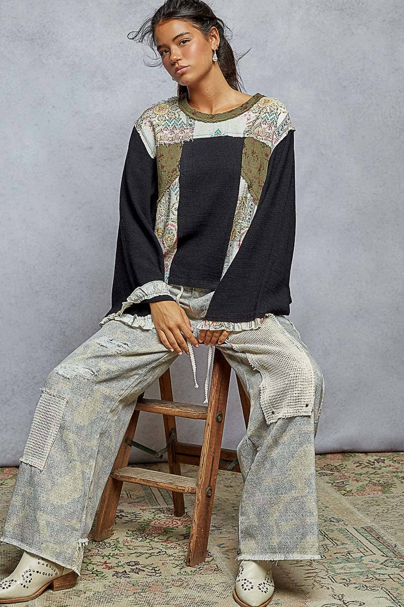 Long sleeve double gauze printed woven contrast top