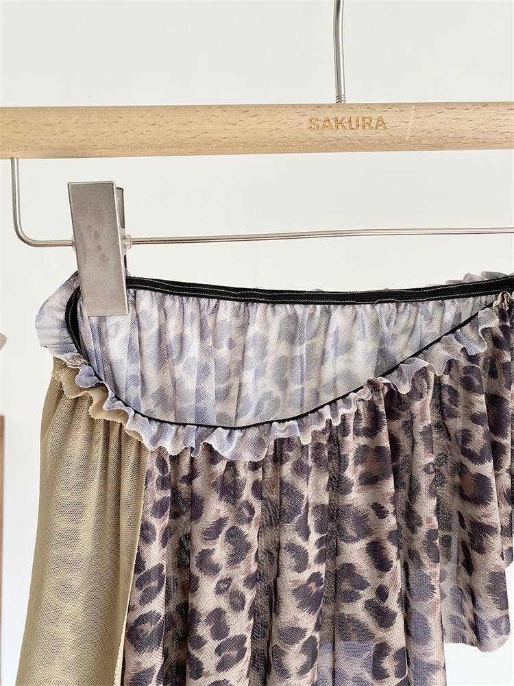 Asymmetrical Leopard Lace Splice Layered Wrap Skirt