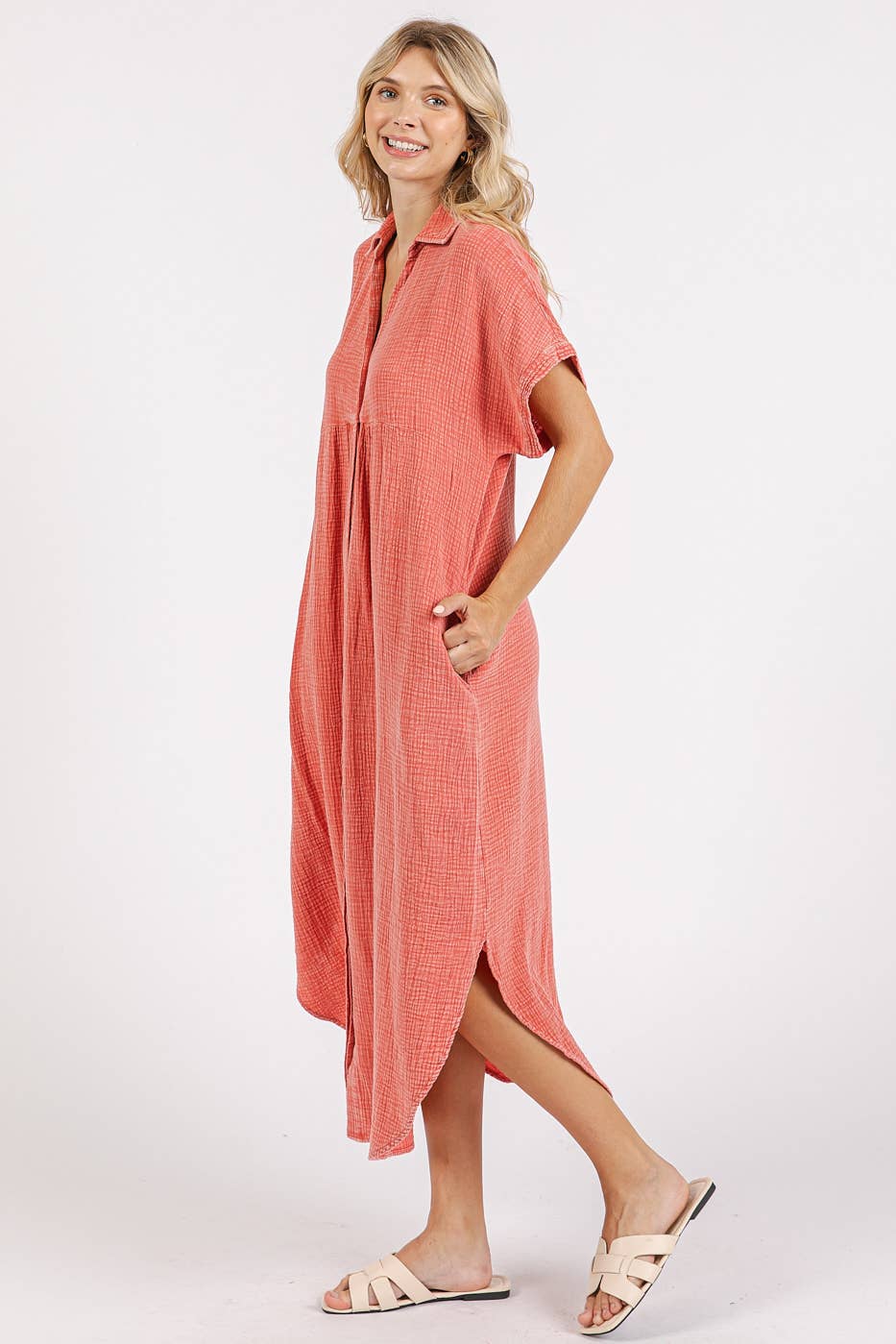 MINERAL WASH V NECK BUTTON UP RELAXED MIDI DRESS