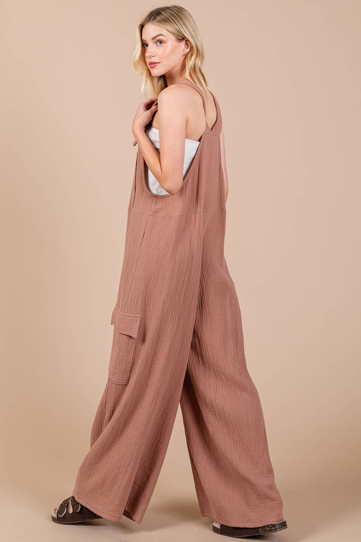 Solid Textured Wide Leg Jumpsuit