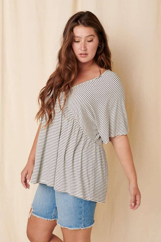 STRIPE V-NECK BABYDOLL KNIT TOP (Plus)