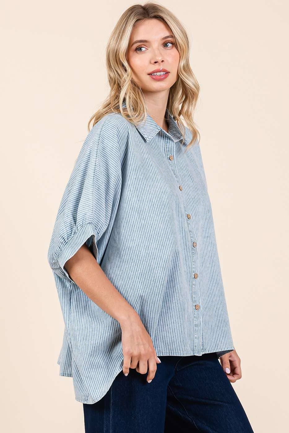 WASHED STRIPED PRINT DOLMAN BUTTON DOWN SHIRT