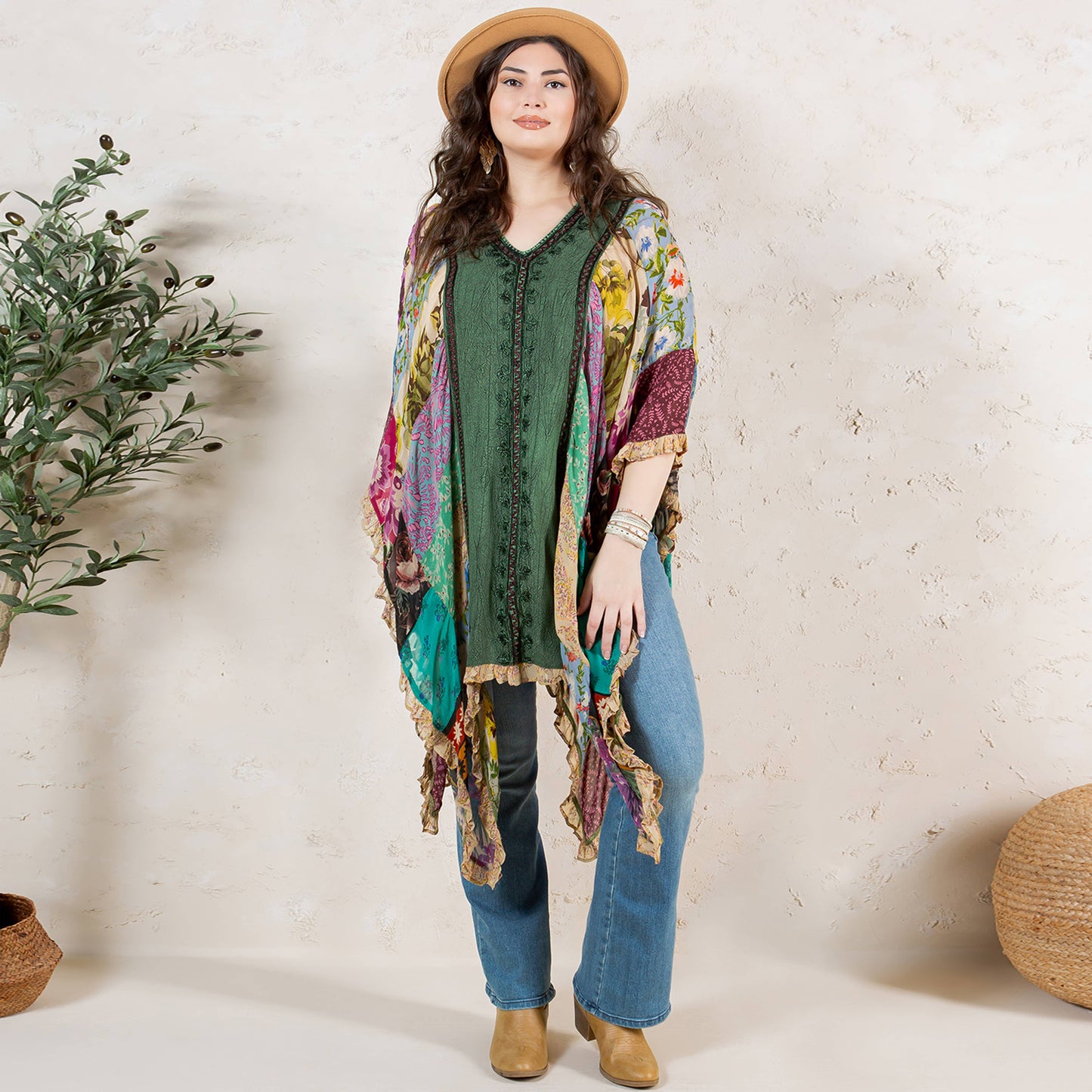 Natural Bohemian Embroidered Colorblocked Shrug