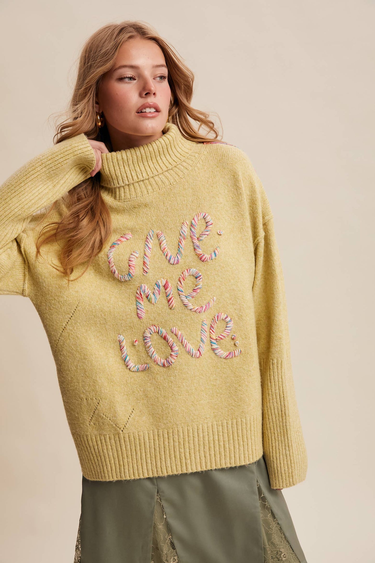 Give Me Love Embroidered Turtleneck Sweater