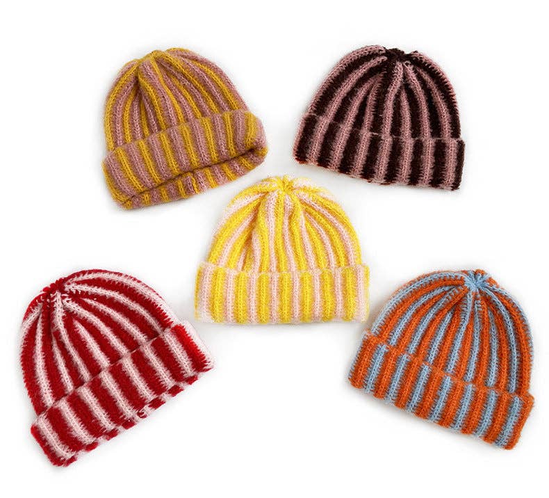 Stylish Color Contrast Striped Knit Beanie Hat