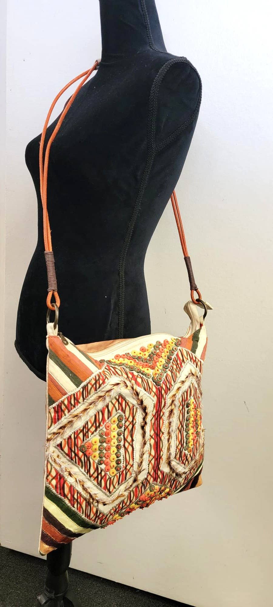 Embroidered Beaded Wood Crossbody