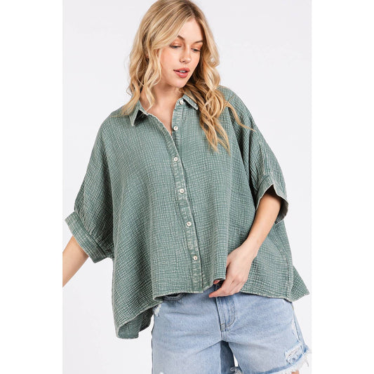 MINERAL WASH GAUZE DOLMAN SLEEVE BUTTON DOWN SHIRT