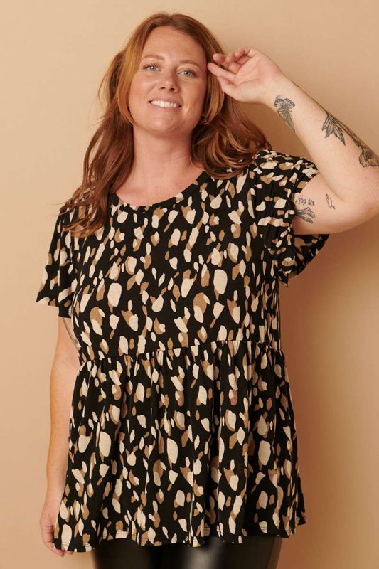 ABSTRACT PRINT BABYDOLL KNIT TOP (Plus)