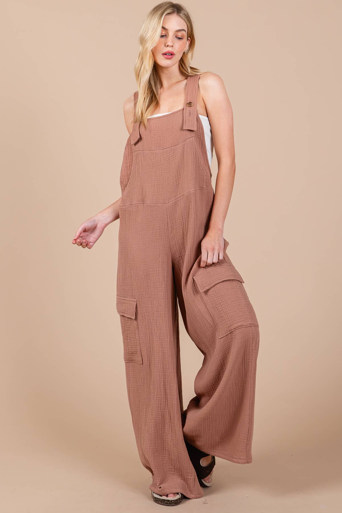 Solid Textured Wide Leg Jumpsuit