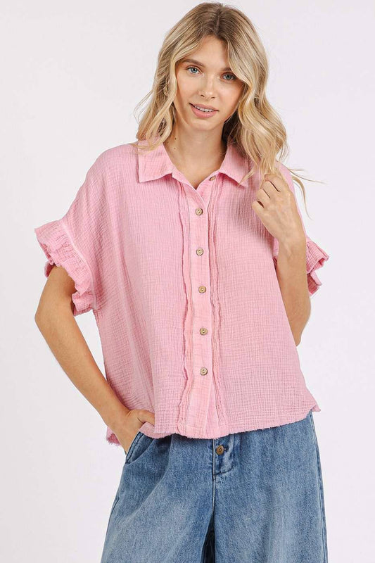 MINERAL WASH GAUZE RUFFLE SHORT SLEEVE SHIRT