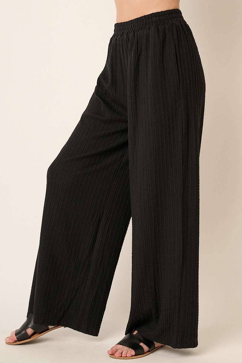 TEXTURE KNIT ELASTIC WAIST WIDE LEG PANTS