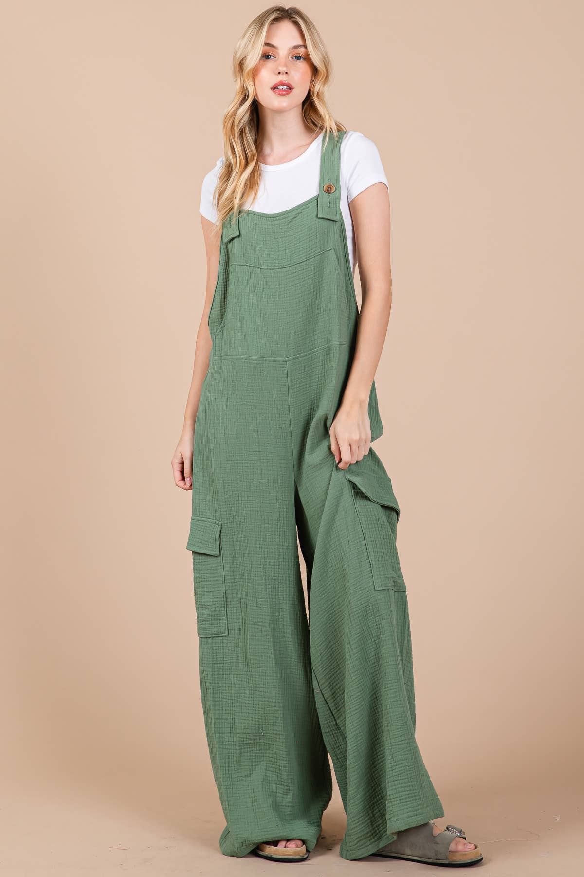 Solid Textured Wide Leg Jumpsuit