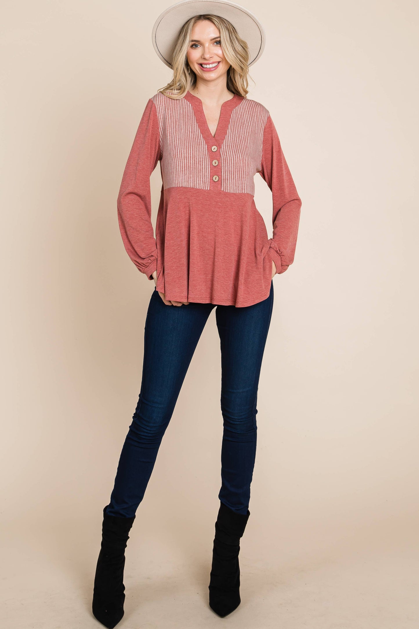 Cute Solid Long Sleeve Tunic Top (Plus)