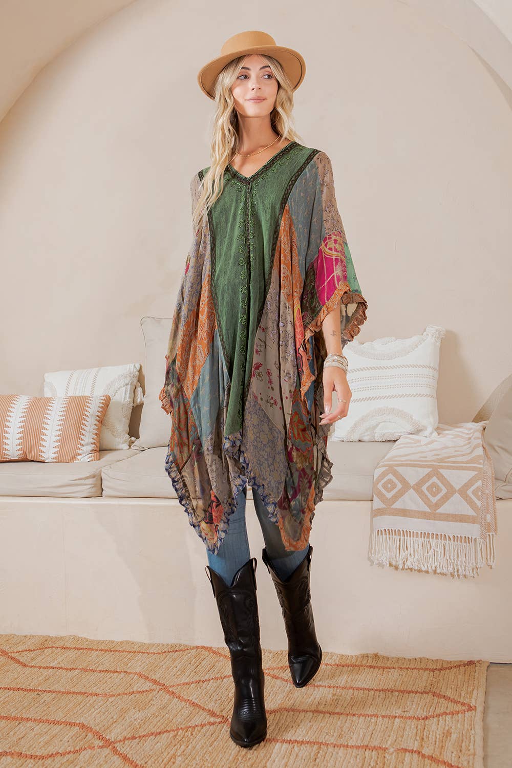 Natural Bohemian Embroidered Colorblocked Shrug